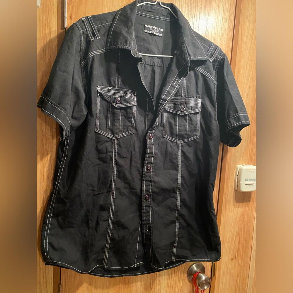 Men’s medium Courage black button down with white stitching shirt